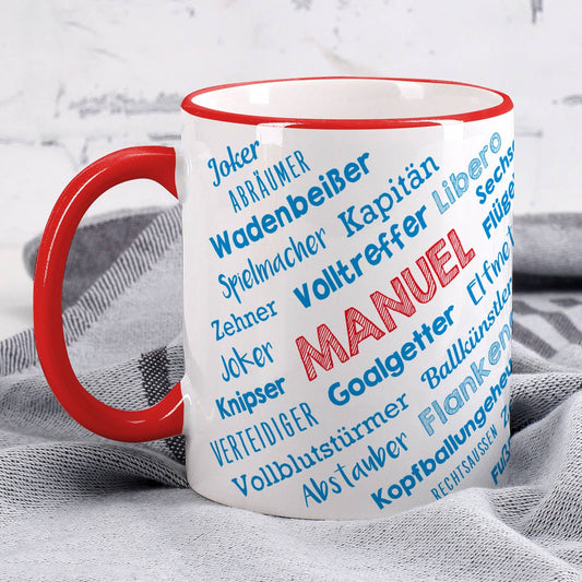 Bedruckte Tasse mit witzigen Fußballbegriffen