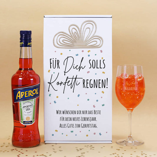 Geburtstagset mit Aperol, bedruckter Geschenkverpackung und graviertem Glas