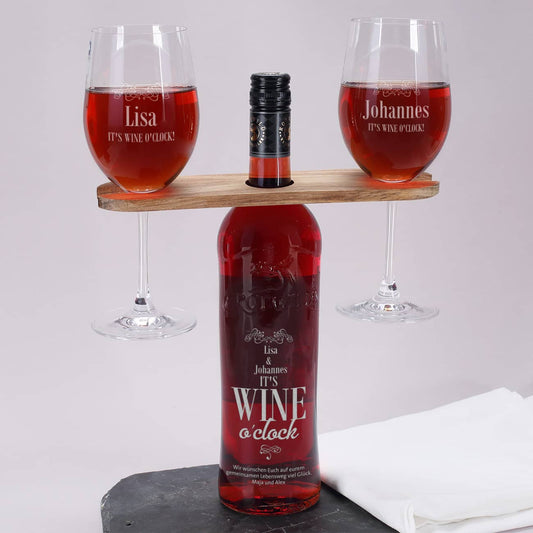 Weinset mit personalisierter Gravur, Weinflasche, Weingläser und Weinbutler