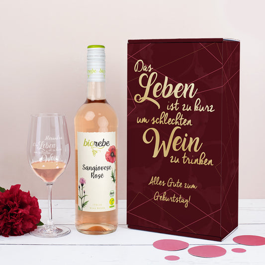 Biorebe Wein und Weinglas in personalisierter Geschenkverpackung