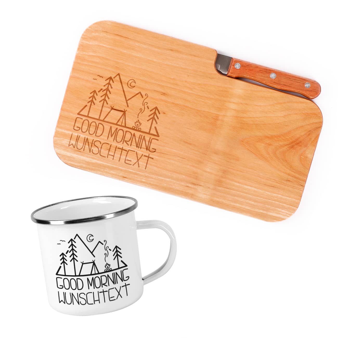 Messerbrett und Emailletasse im Set mit Campingmotiv