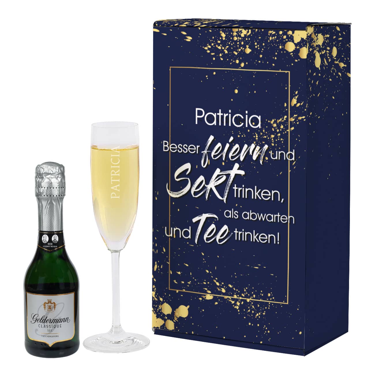 Sekt und Glas mit Personalisierung in prachtvoll bedruckter Pappverpackung