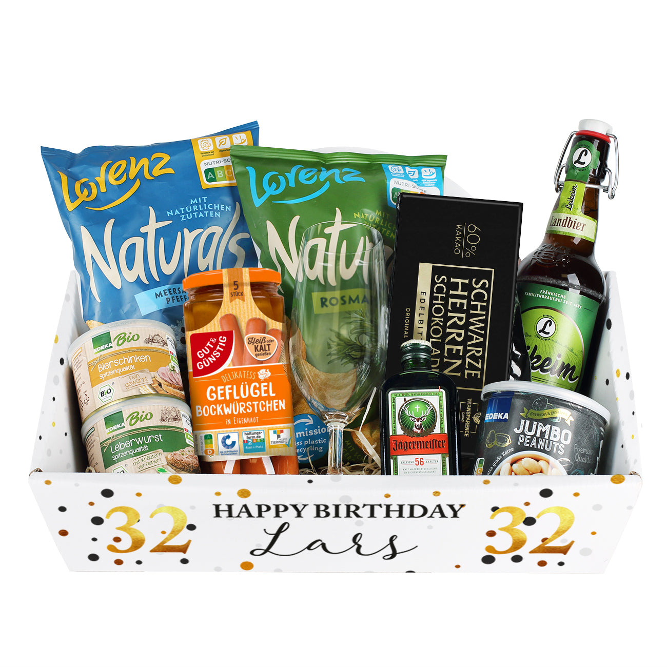 Geschenkkorb zum Geburtstag mit Name und Alter bedruckt - wahlweise gefüllt