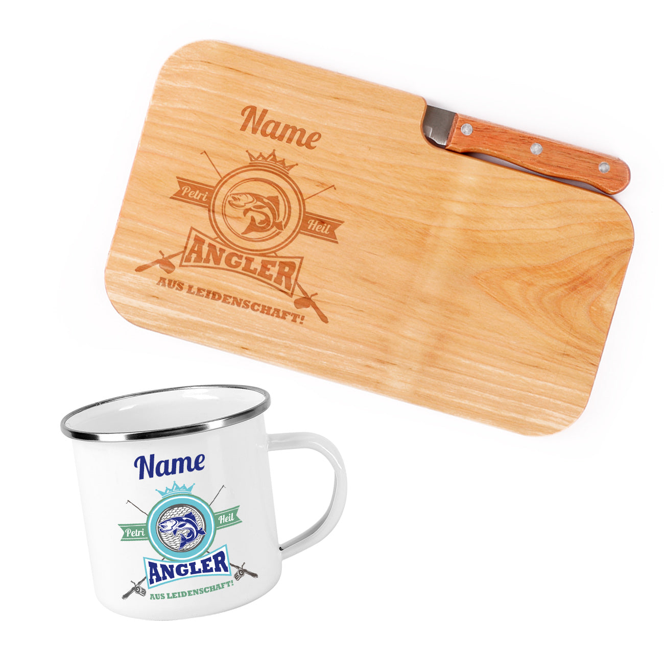 Angler aus Leidenschaft - Messerbrett und Emailletasse mit Name