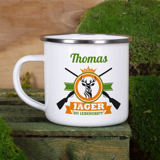 Emailletasse für Jäger aus Leidenschaft mit Name bedruckt