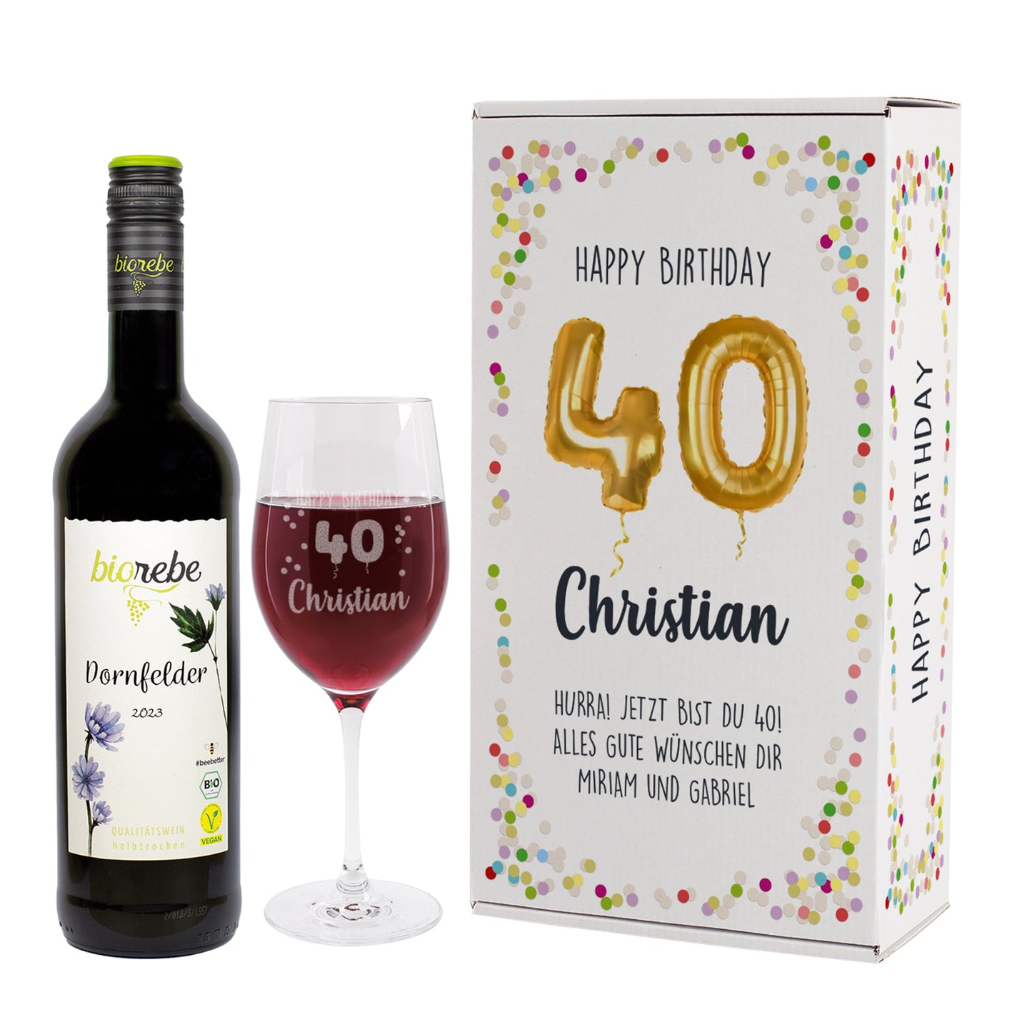 Produktabbildung Geschenkset zum 40. Geburtstag: Biorebe Dornfelder mit graviertem Leonardo-Weinglas und Geburtstagsbox „Happy Birthday 40 Christian“ mit Konfetti