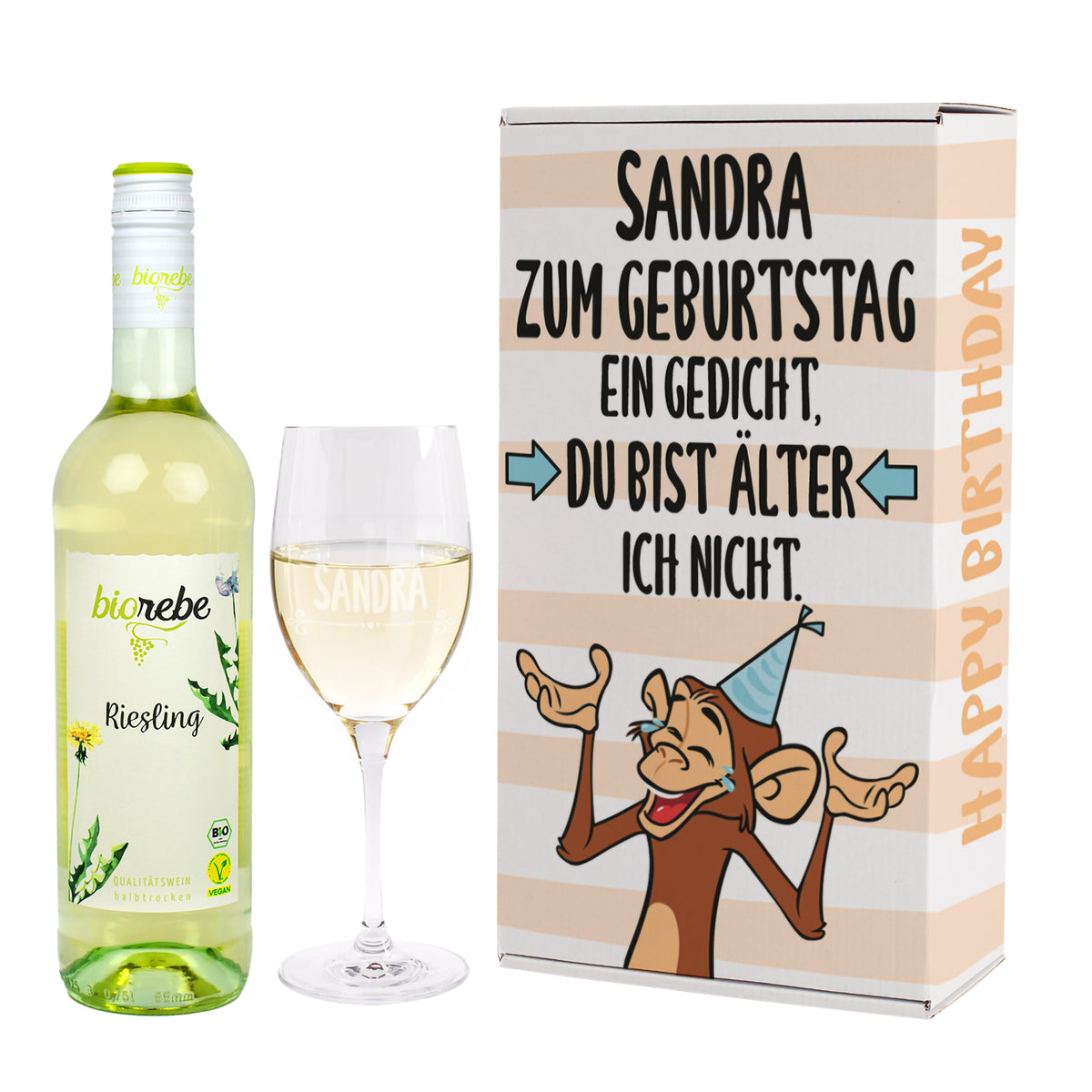 Lustiges Geschenkset zum Geburtstag mit Weinglas und Wein | Biorebe Genuss