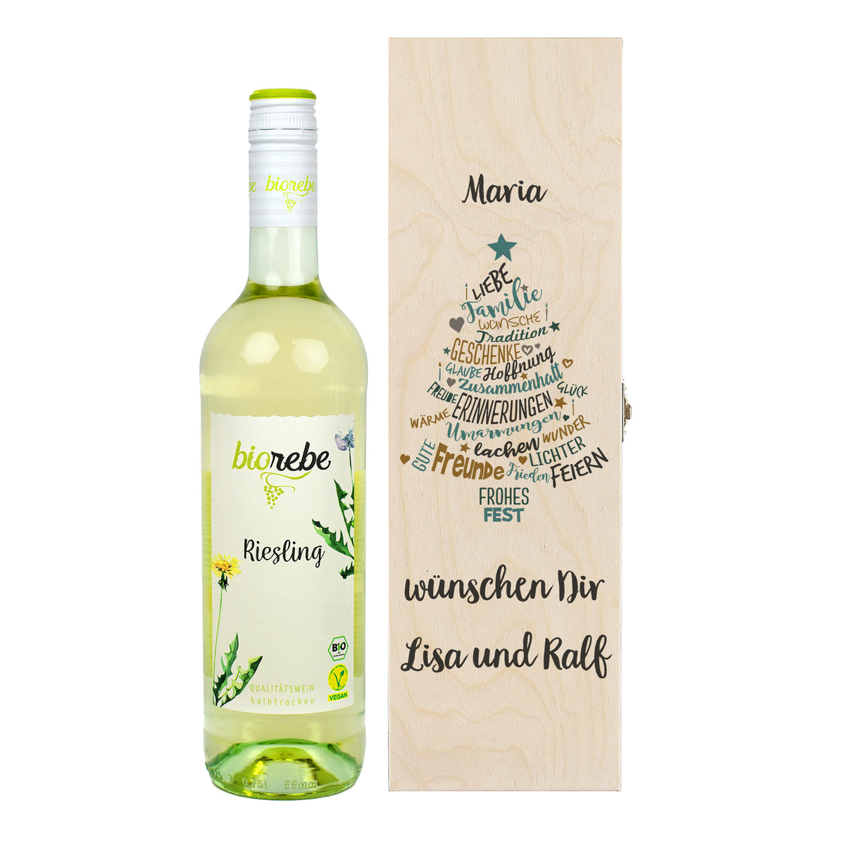 Biorebe Wein zu Weihnachten in bedruckter Holzbox | Weißwein, Rotwein, Rosé