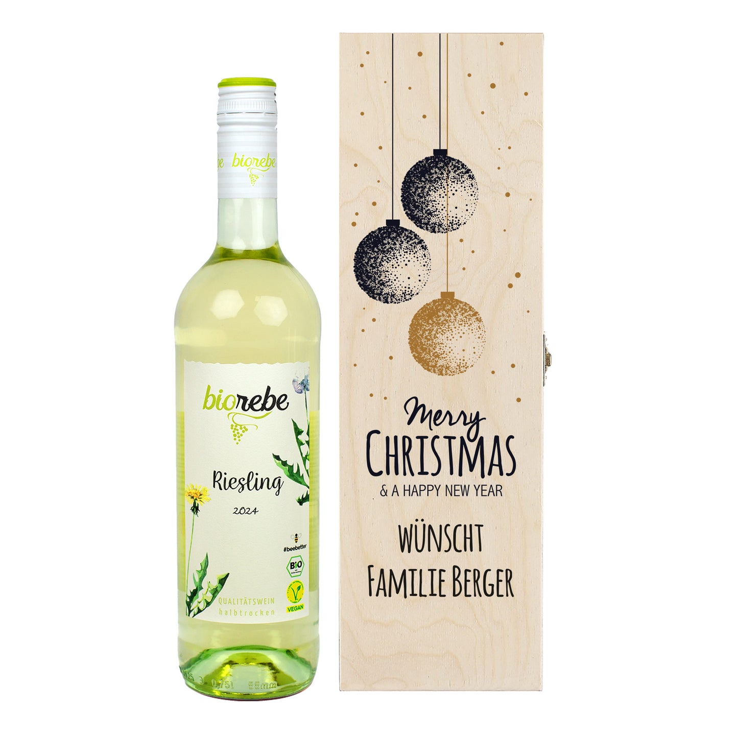 Geschenkset mit Biorebe Riesling Weißwein und gravierter Holzbox „Merry Christmas & a Happy New Year“, personalisiert mit „Familie Berger“.