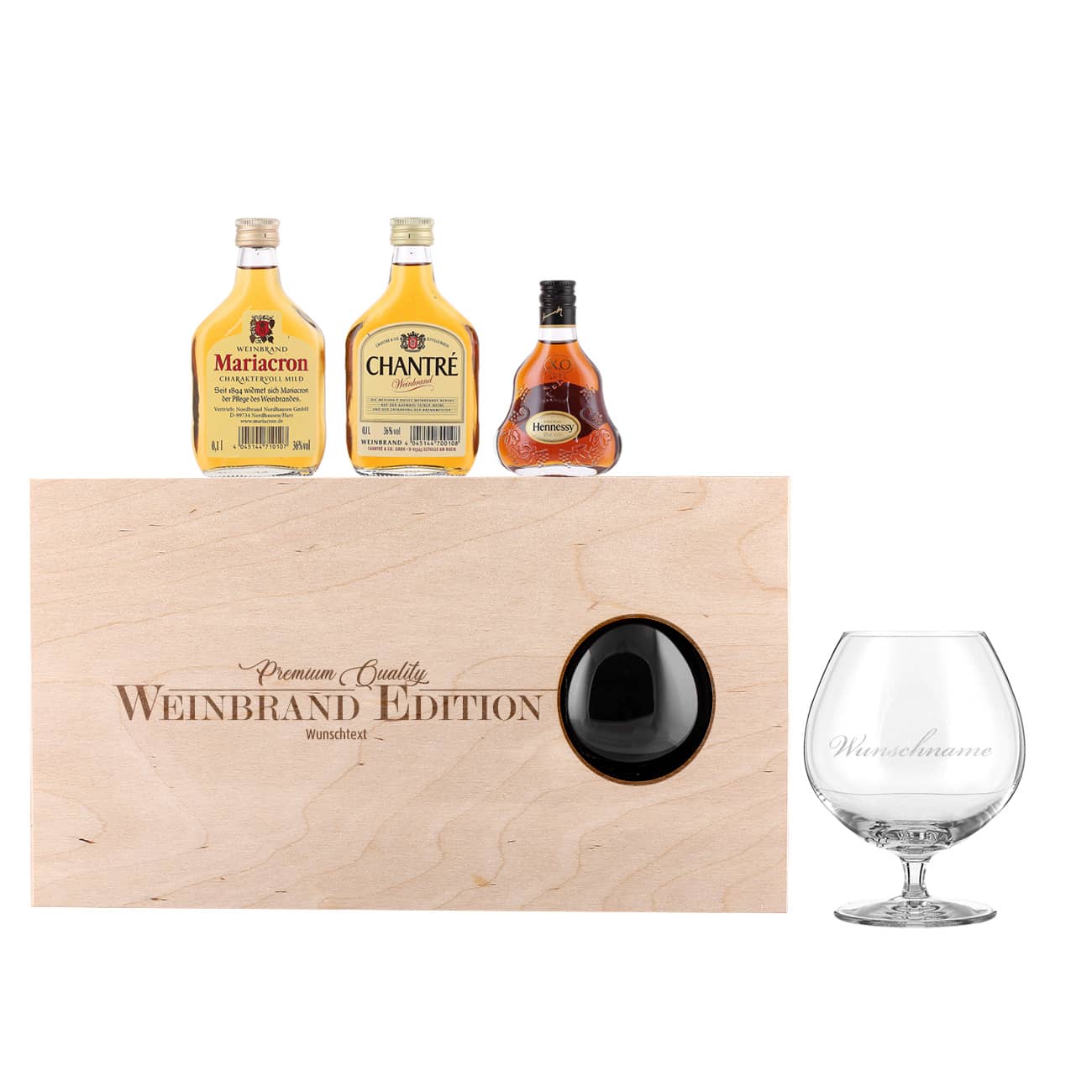 Weinbrand Set Mariacron Chantré Hennessy mit graviertem Weinbrandglas in gravierter Geschenkverpackung