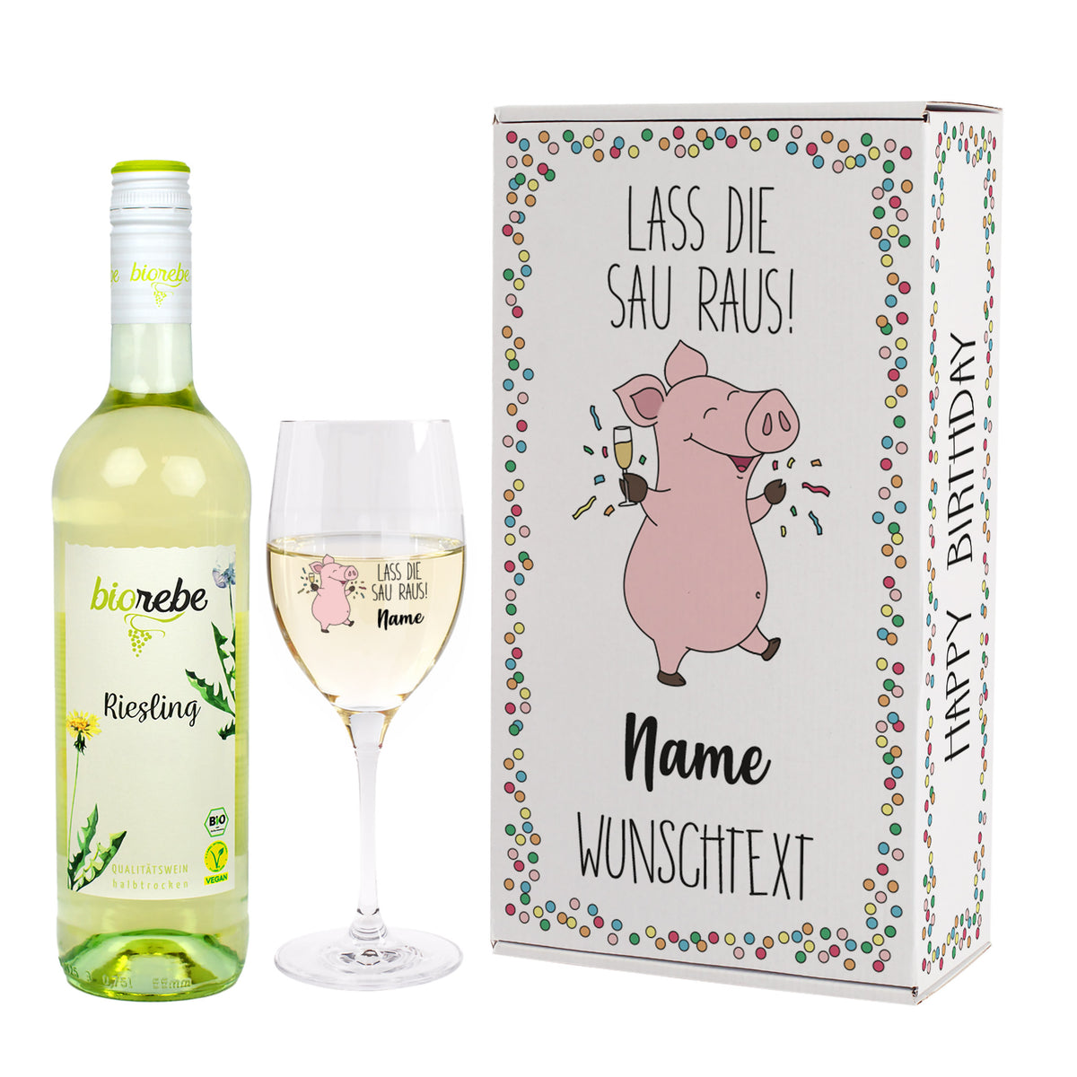 Lass die Sau raus! - Geschenkset zum Geburtstag mit Biorebe Wein und Weinglas