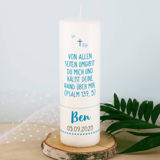 Große Taufkerze mit Ihrem Taufspruch bedruckt