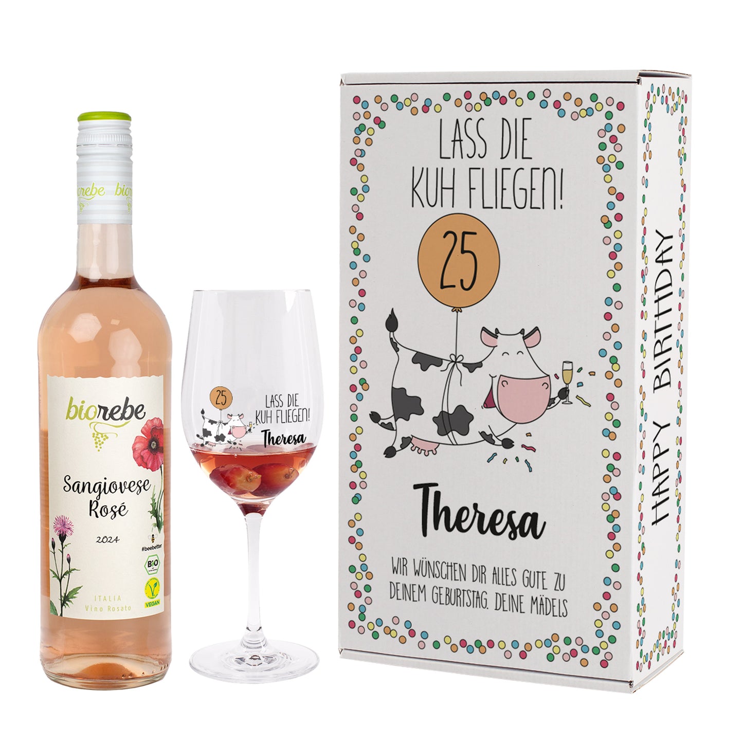 Geschenkset mit Flasche Biowein Sangiovese Rosé, graviertem Weinglas und Geburtstagsbox „Lass die Kuh fliegen!“ personalisiert mit Name und Zahl
