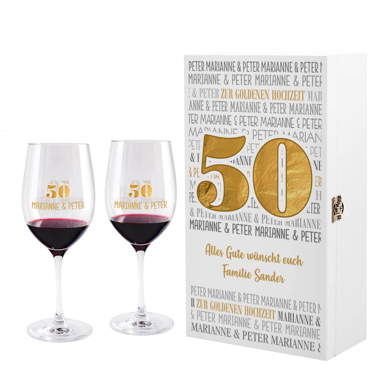 Geschenk zur goldenen Hochzeit - Weingläser in personalisierter Holzbox