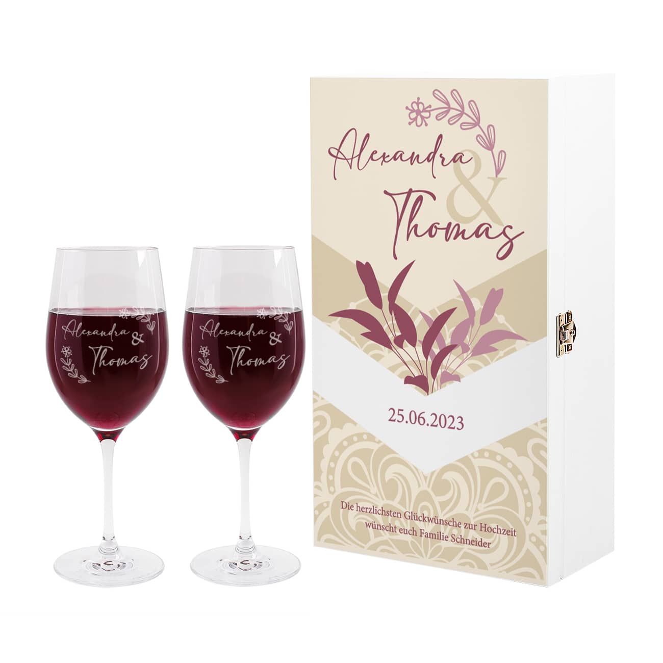 Romantisches Präsent zur Hochzeit mit gravierten Weingläsern und bedruckter Holzbox