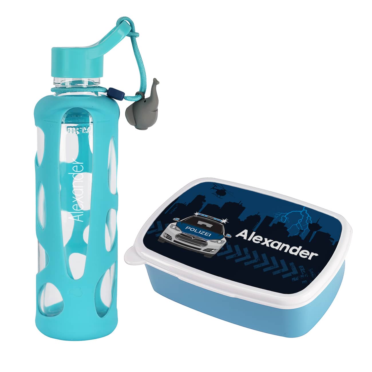 Blaues Set aus Flasche und Brotdose zur Einschulung mit Name personalisiert