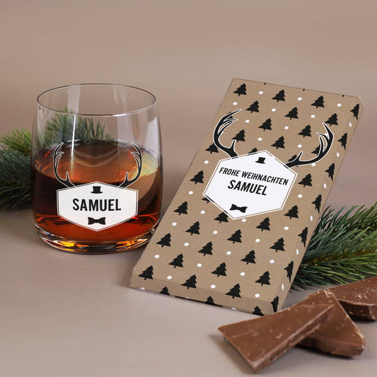 Whiskyglas und Schokolade zu Weihnachten mit Name bedruckt
