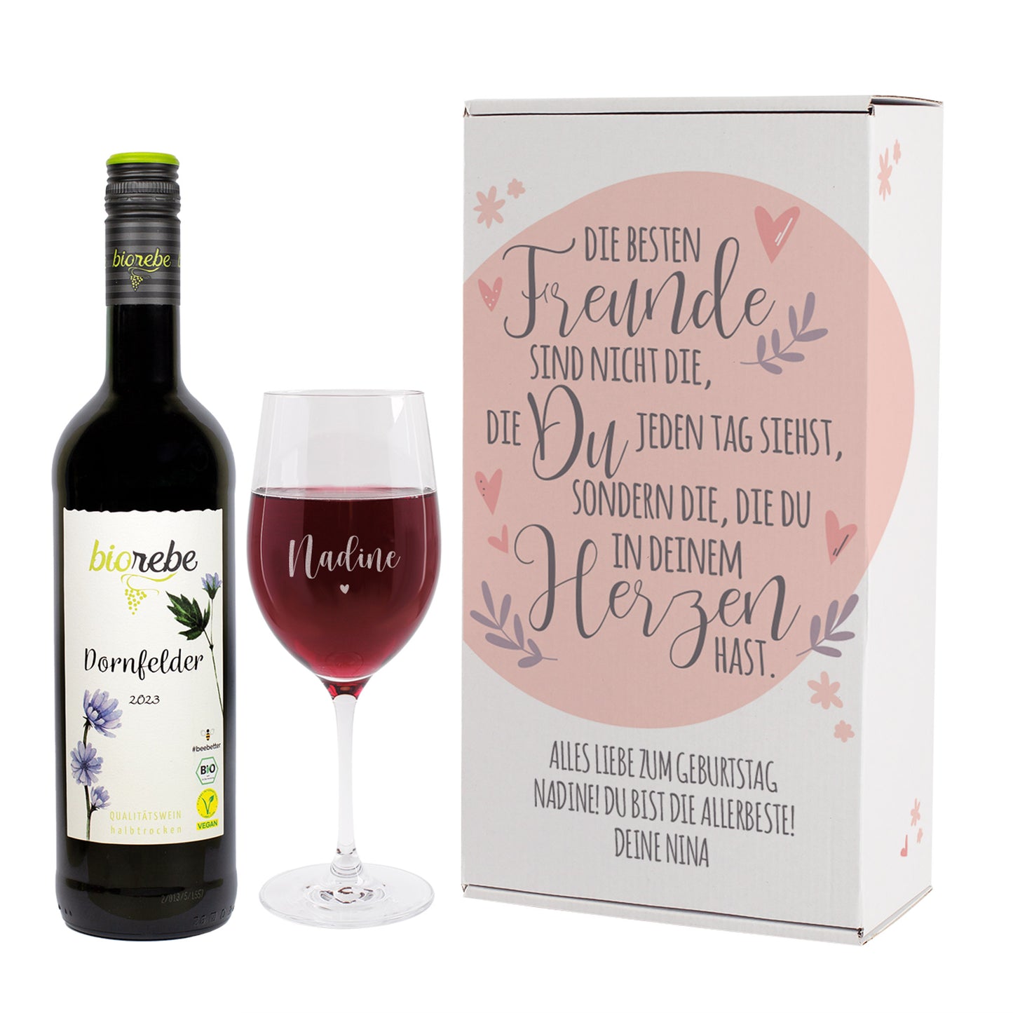 Geschenkset mit Dornfelder Rotwein, graviertem Weinglas „Nadine“ und Geschenkkarton mit Spruch „Die besten Freunde…“
