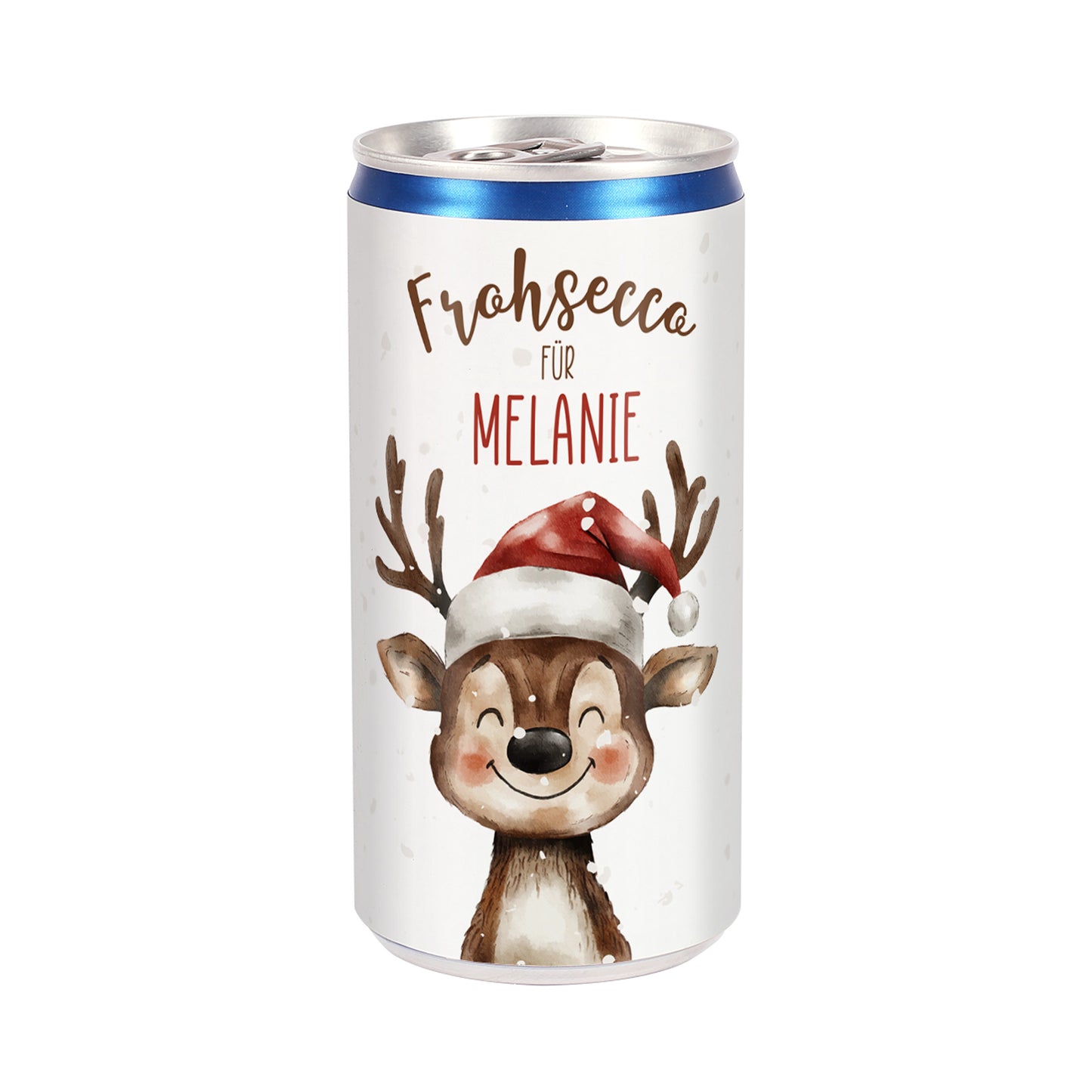 Prosecco-Dose „Frohsecco für Melanie“ mit niedlichem Rentier und Weihnachtsmütze freigestellt