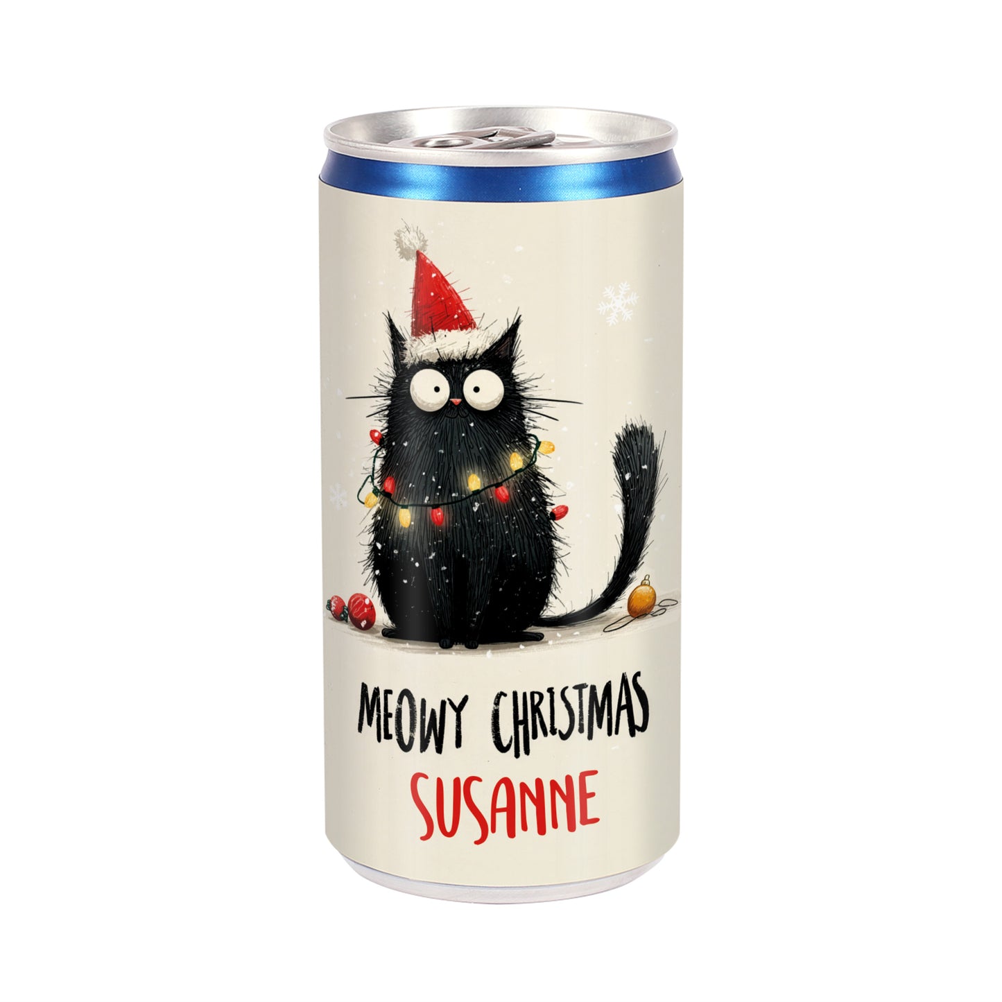 Prosecco-Dose mit Katze im Weihnachtsdesign und Name Susanne – Meowy Christmas