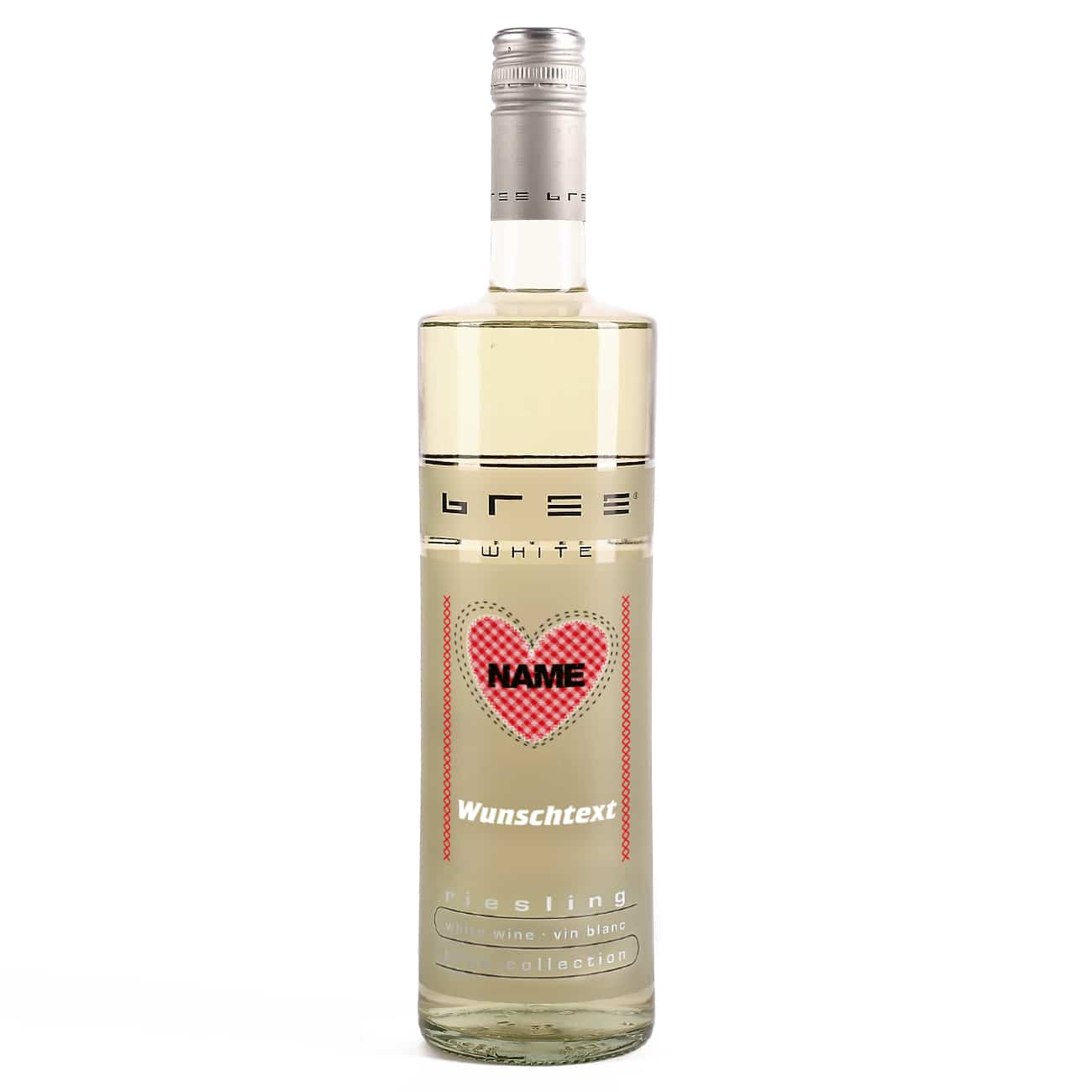personalisierte Riesling Flasche mit Wunschtext und Herz