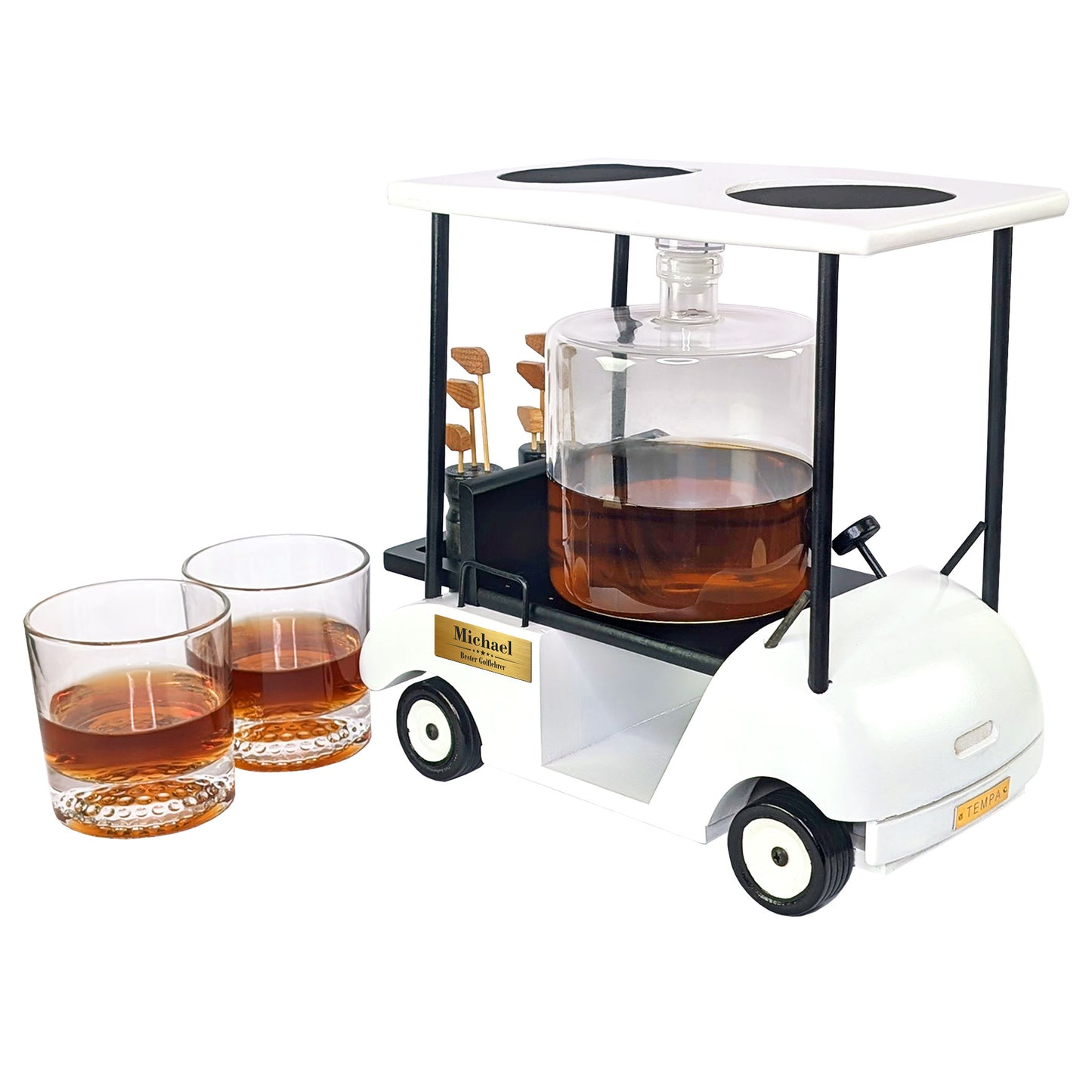 Luxus Whisky Dekantierset im Golfcart personalisiert mit Name und Wunschtext | Dekanter Set für Golfer