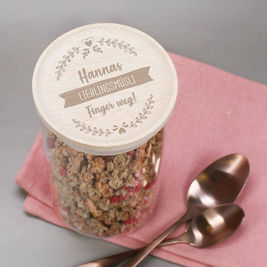 Vorratsdose aus Glas personalisiert mit 3 Zeilen Text nach Wunsch