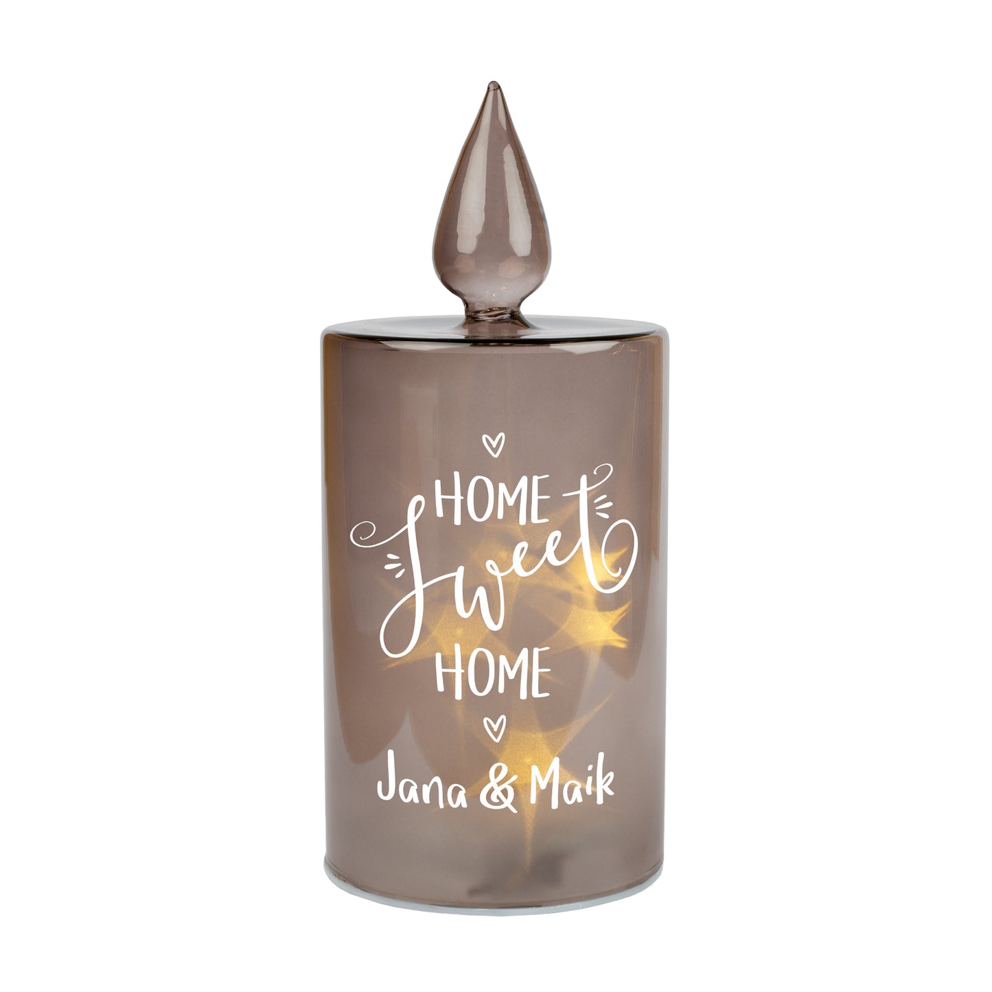 Produktfoto der Leonardo LED-Glaskerze „Home Sweet Home“ mit personalisiertem Wunschtext auf weißem Hintergrund