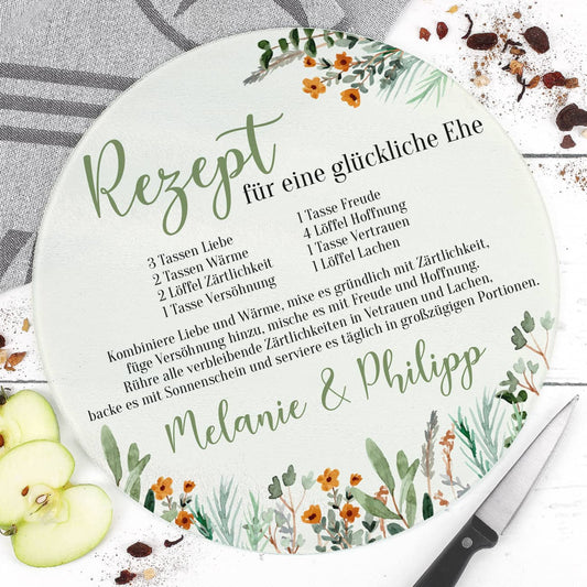 Glasbrettchen mit Rezept für eine glückliche Ehe und Wunschnamen