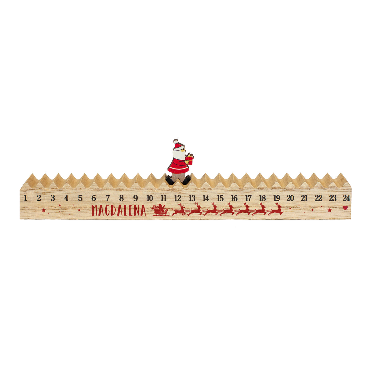 Freigestellter Holz-Adventskalender mit Name „Magdalena“, Zahlen 1 bis 24, Rentierschlitten und beweglicher Weihnachtsmann-Figur