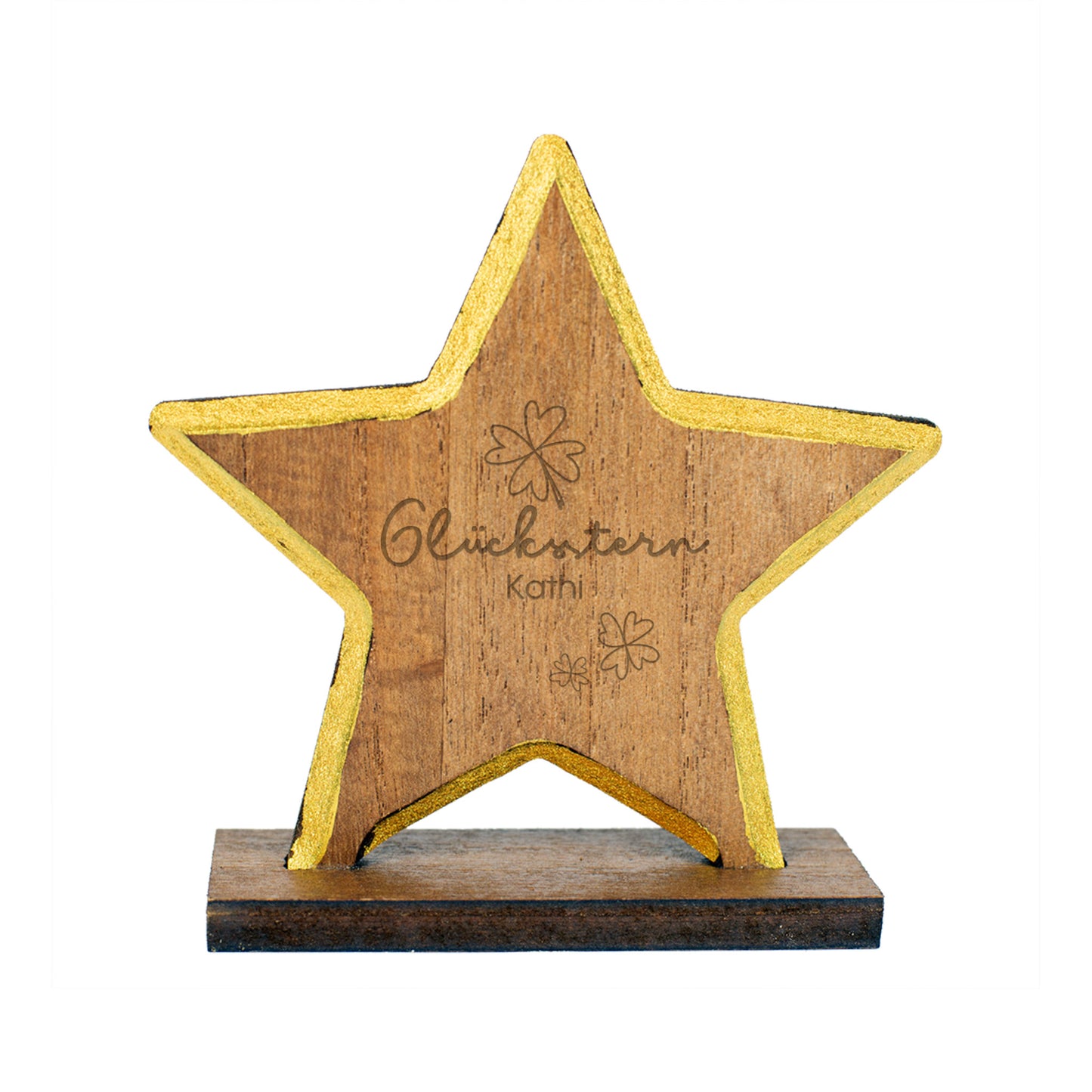 Holzstern Glücksstern mit Gravur und goldener Kontur, auf hellem Untergrund fotografiert
