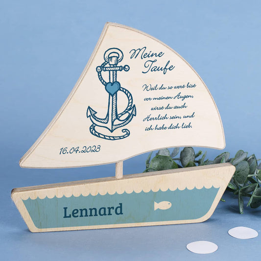 Holzboot mit Anker, Meer und Ihrem Wunschaufdruck in blau