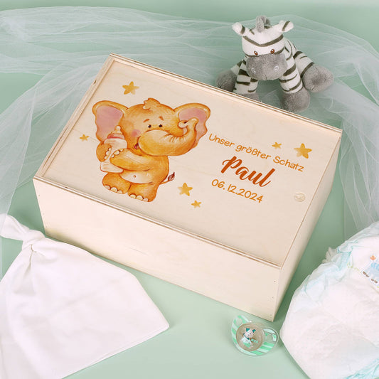 Erinnerungsbox mit Elefant, Wunschname und Geburtsdatum