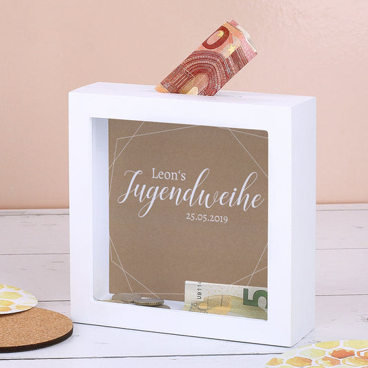 Bilderrahmen Spardose zur Jugendweihe mit Name und Datum