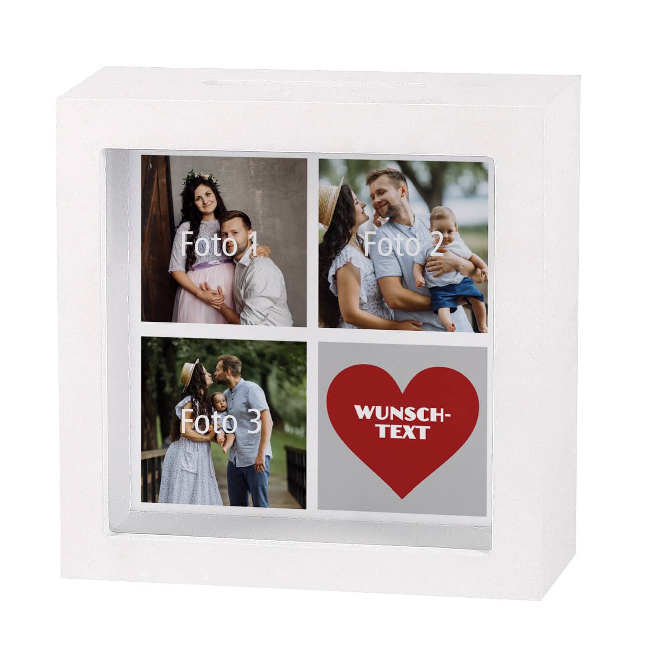 weiße Bilderrahmen Spardose mit Wunschtext und drei Fotos