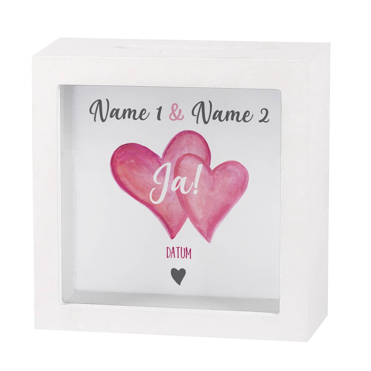 Ja! Spardose für Geldgeschenke zur Hochzeit mit Herzen, Namen, Datum