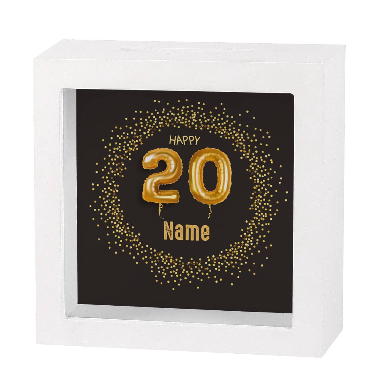 Happy 20 - Bilderrahmen-Spardose zum Geburtstag mit Name, 15x15cm