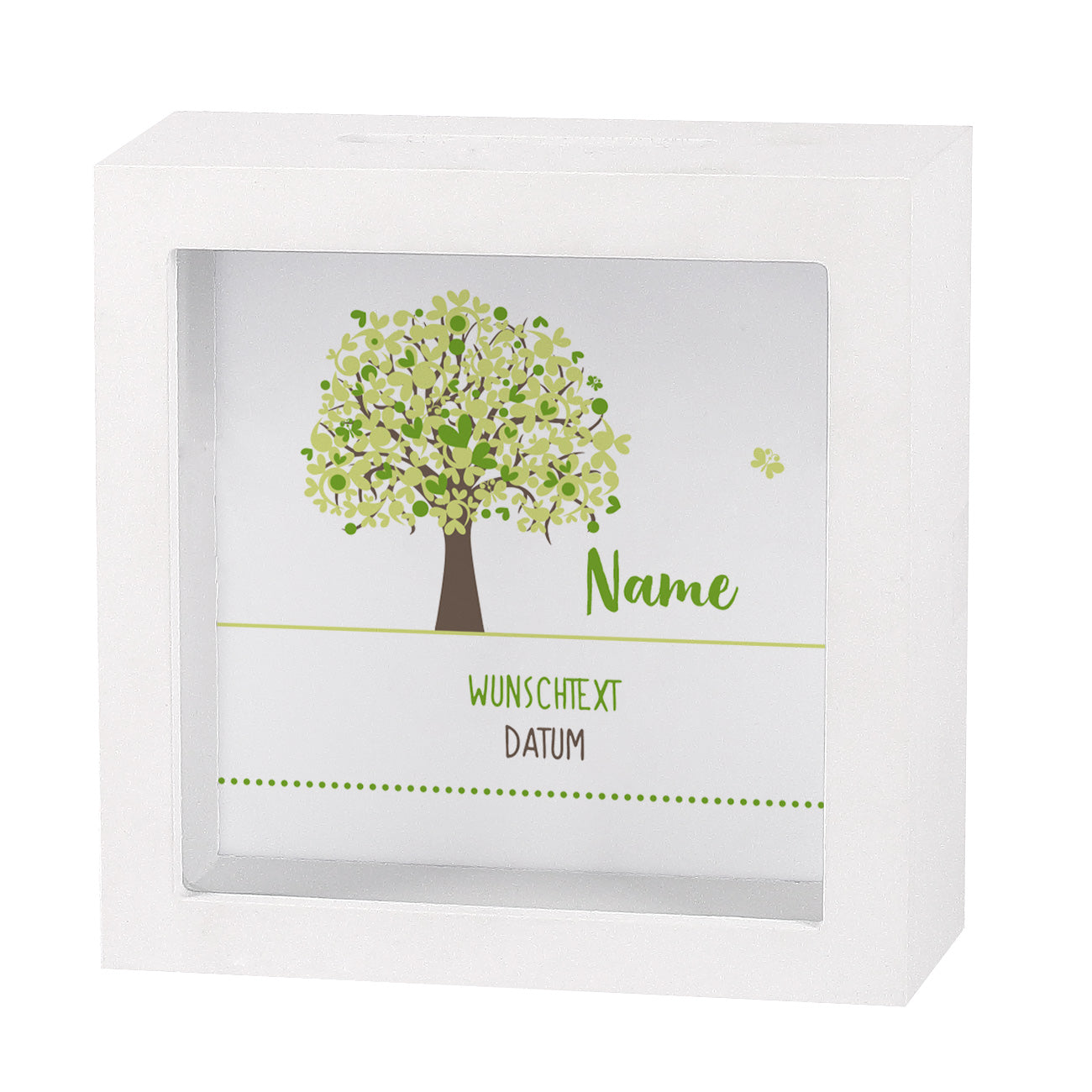 Weiße Bilderrahmen Spardose mit Name, Wunschtext, Datum