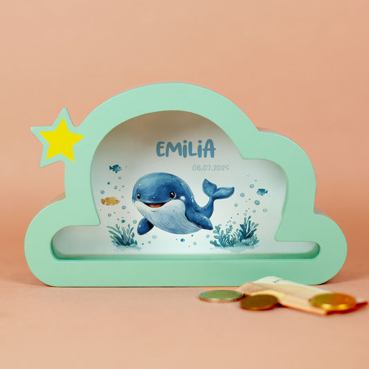 Spardose Wolke mit Wal und Name Emilia