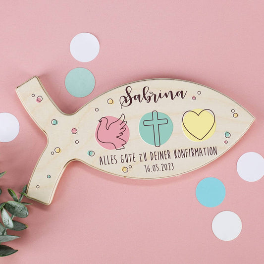 Holzfisch - Liebe, Glaube, Hoffnung - mit Ihrem Wunschnamen