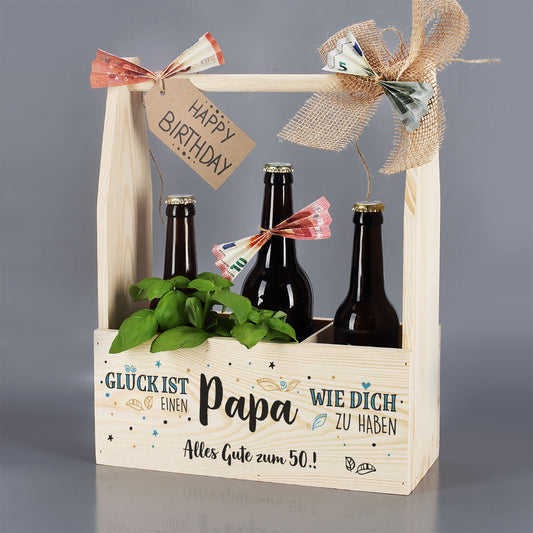 Flaschenträger aus Holz mit Wunschtext | Glück ist, einen Papa wie dich zu haben.