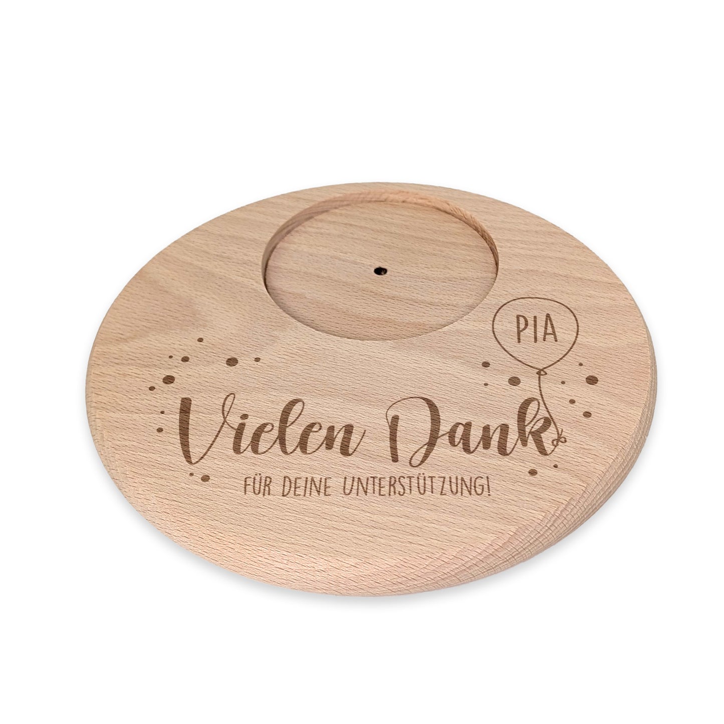 Freigestellter Kerzenteller mit Dankeschön-Motiv, Name im Ballon und Wunschtext unten
