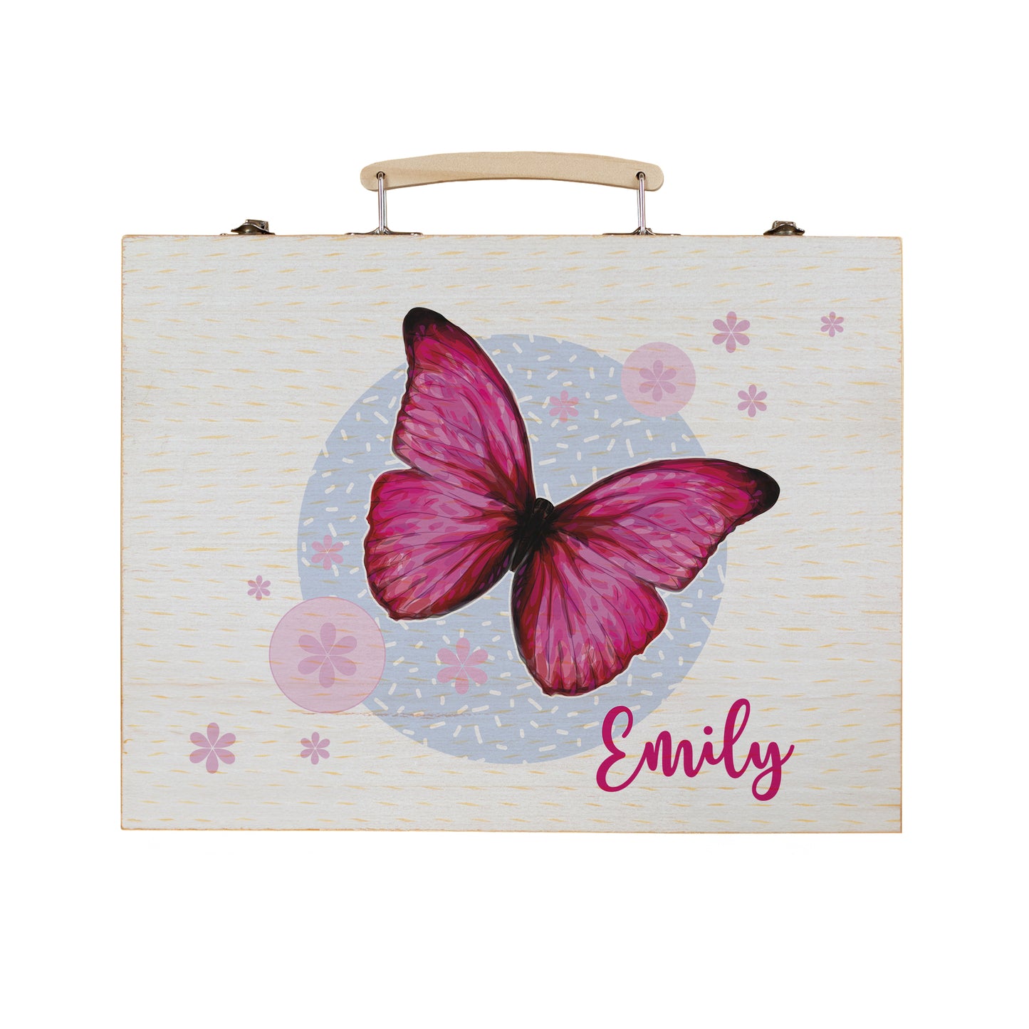 Freigestellter Malkoffer aus Holz mit rosa Schmetterling und Namensaufdruck