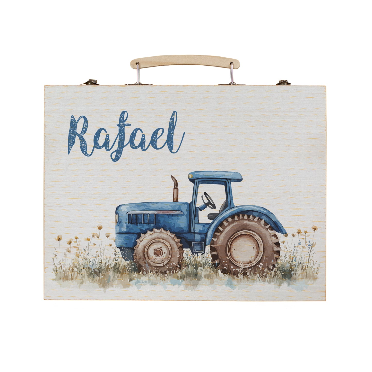 Freigestellter Malkoffer mit Traktormotiv und Name auf weißem Hintergrund