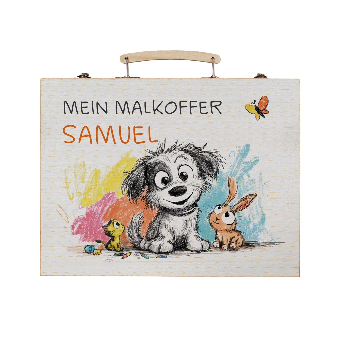 Malkoffer aus Holz mit Hund, Hase & Katze, personalisiert mit Name Samuel