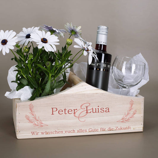 Pflanzkorb zur Hochzeit mit Namen und Wunschtext bedruckt