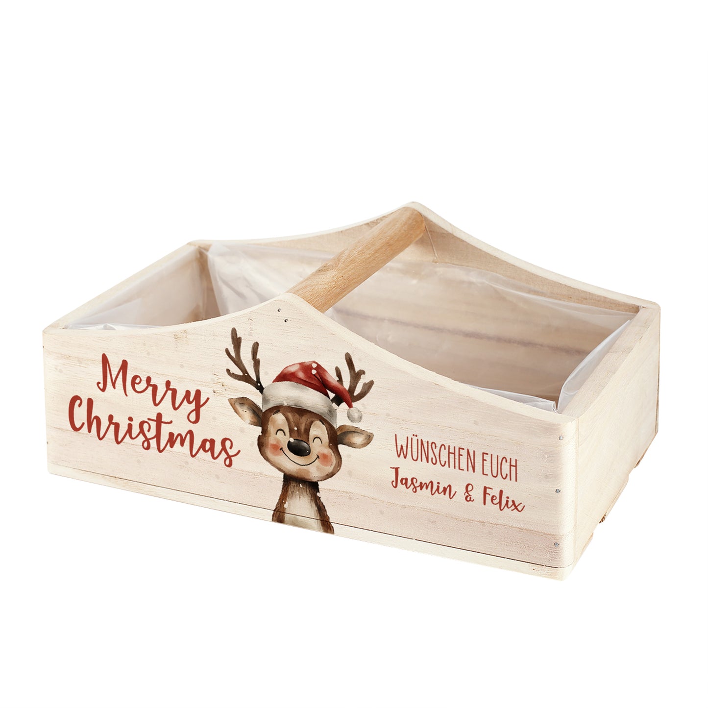 Personalisierter Geschenkkorb aus Holz zu Weihnachten mit Rentier | Pflanzkiste 'Merry Christmas'