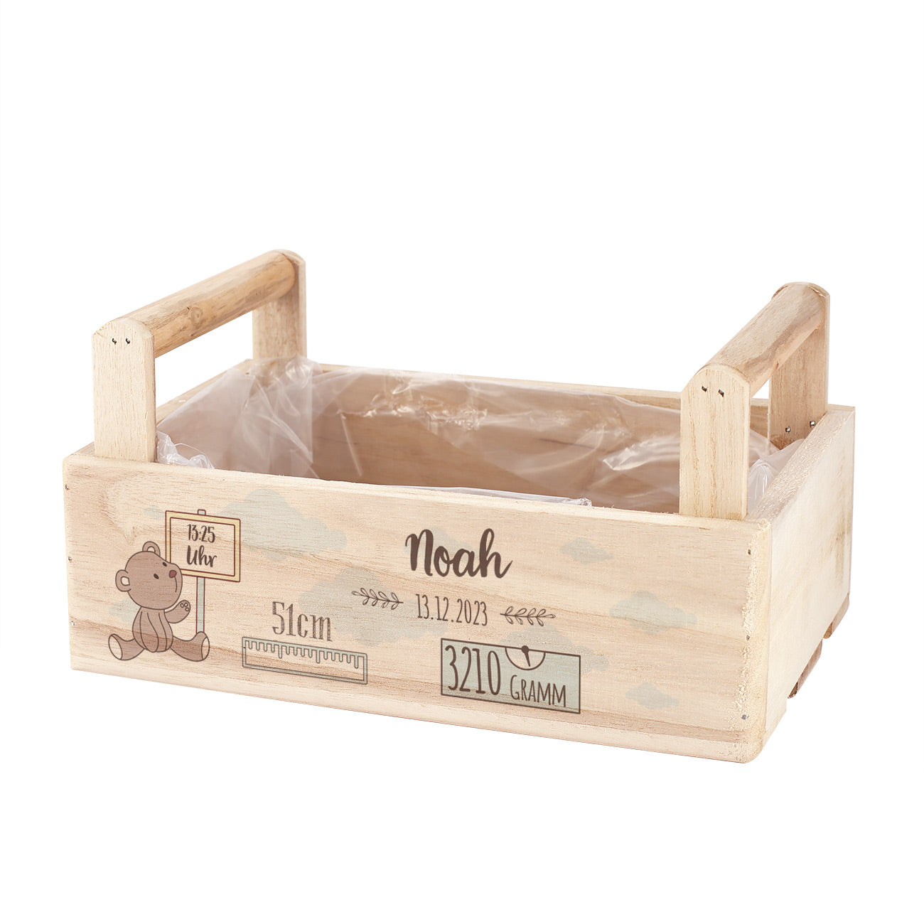 Bedruckter Geschenkkorb für Jungen zur Geburt mit Ihren Wunschdaten verziert