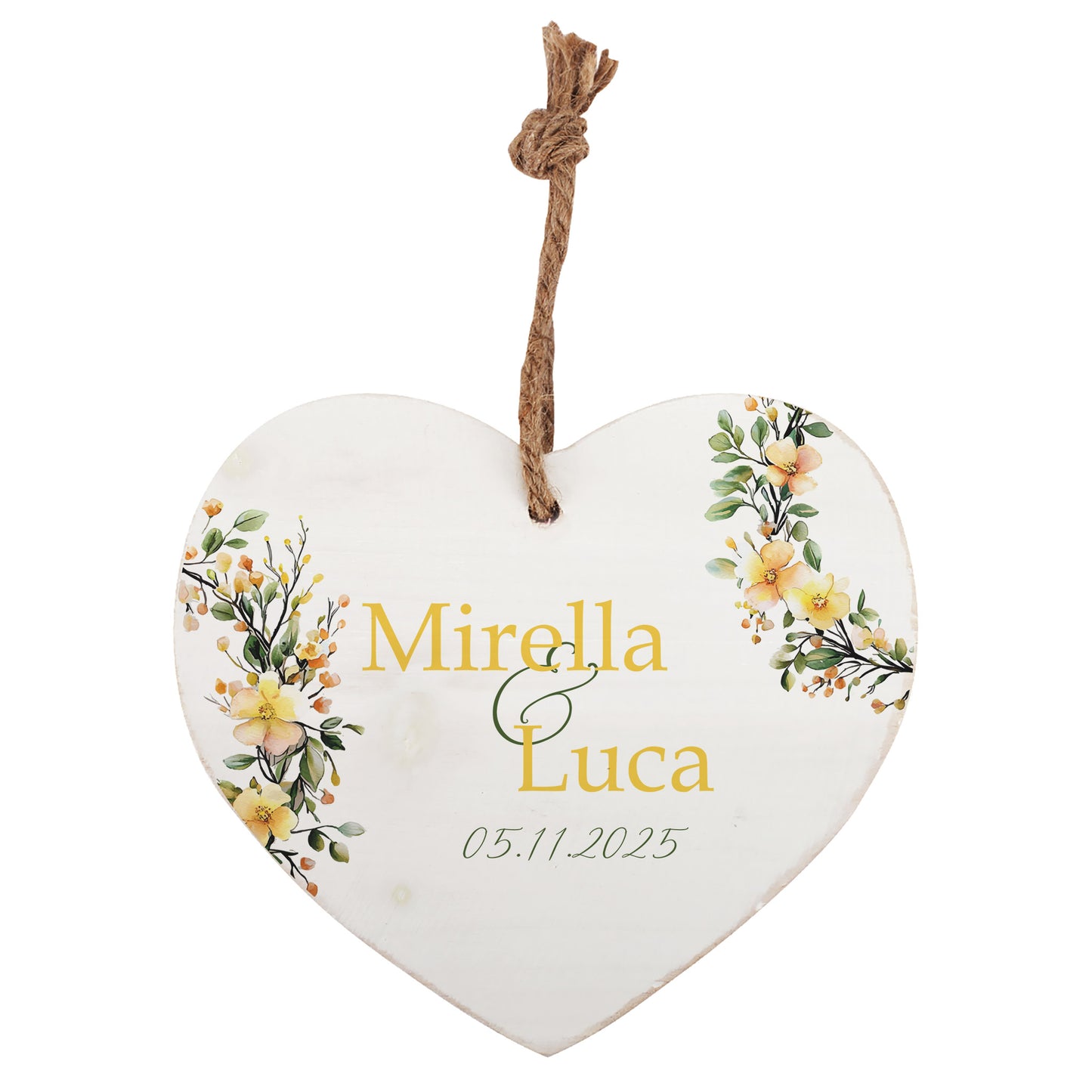 Holzherz mit Wunschnamen und Datum – Romantisches Geschenk mit Blumen-Motiv