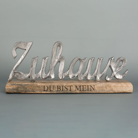 Gravierte Skulptur "Zuhause" mit Wunschtext - Dekoration aus Aluminium mit Holzsockel